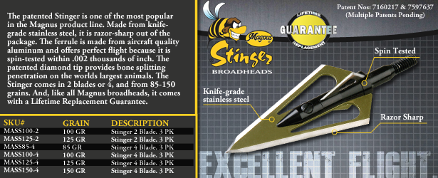 STINGER 100 grain 4 blade broadhead 2 1/8"long X 1 1/16"wide (3-pack) image 1